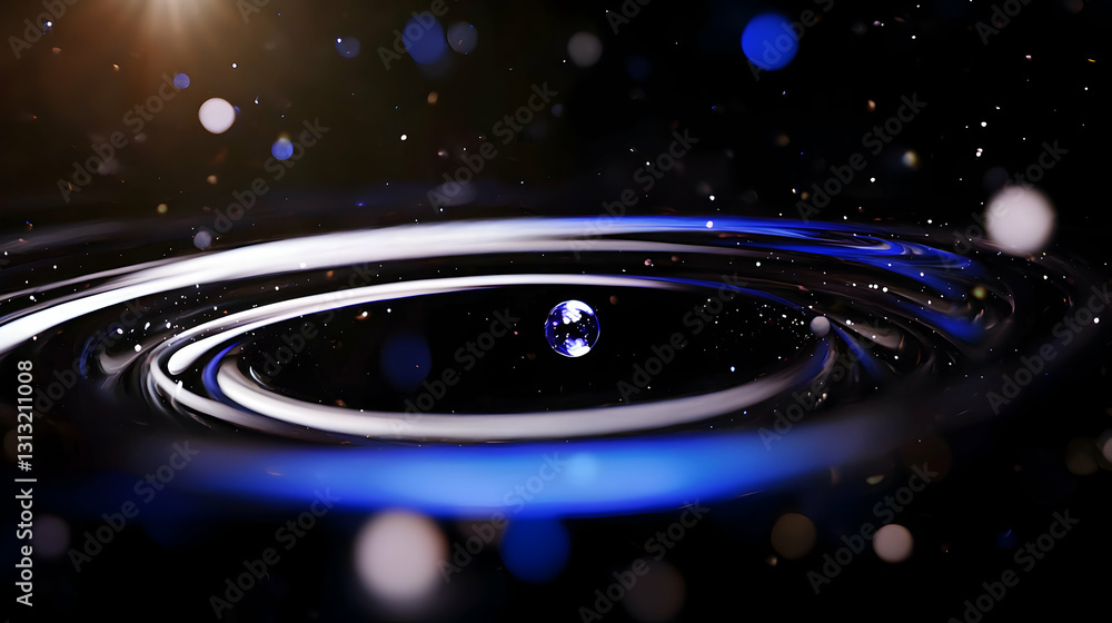 Poster a small sphere is centered within layered rings of light