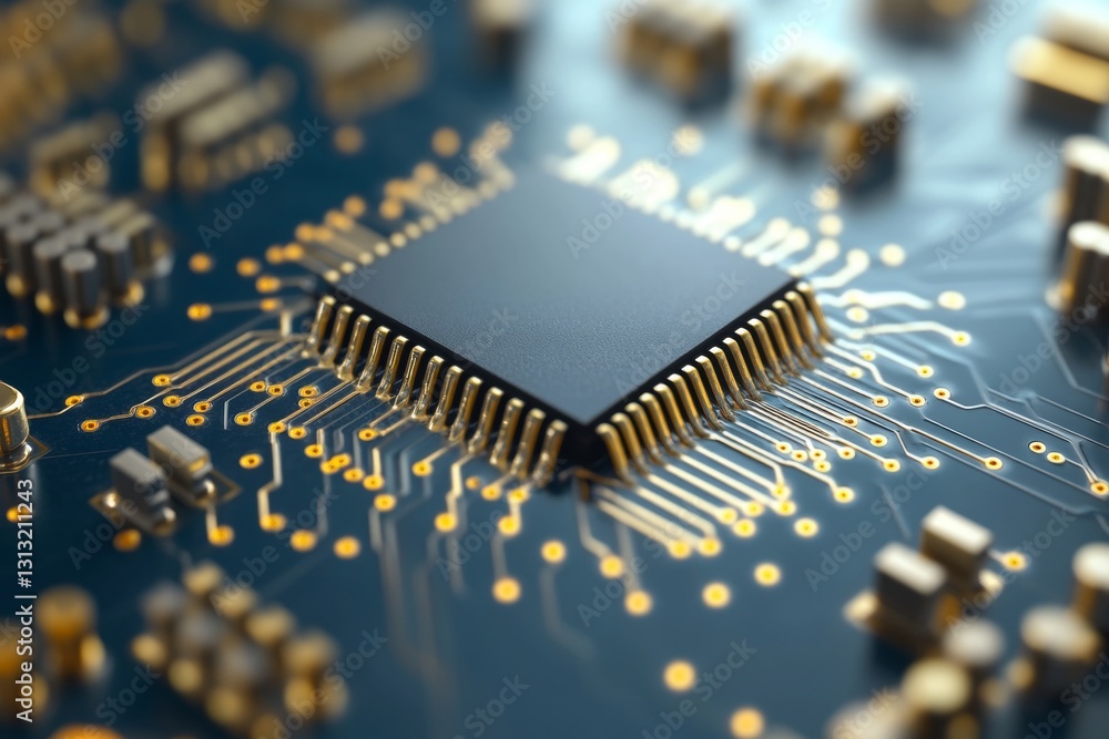 Poster high-resolution image of a microchip with gold pins, 8k resolution