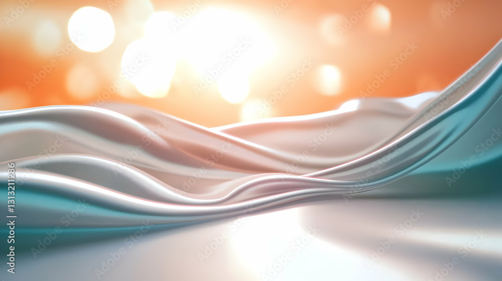 Poster flowing cloth ripples over a shiny reflective surface with bokeh