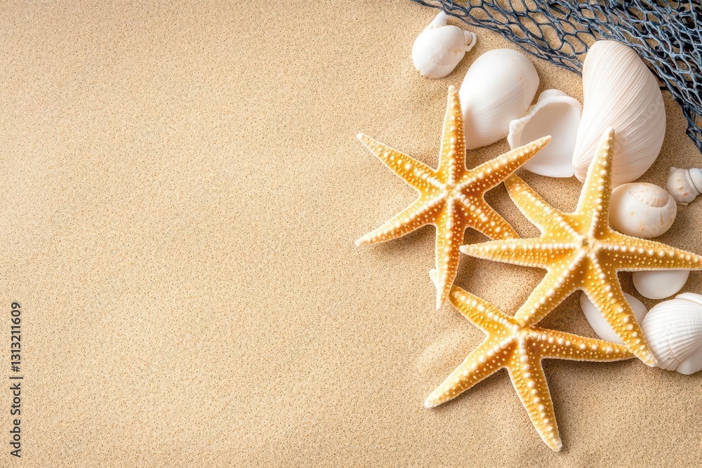 Aufkleber beautiful collection of starfish and seashells on sandy beach with gentle waves and clear blue ocean