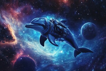Naklejka premium A futuristic mechanical dolphin is swimming through the space universe