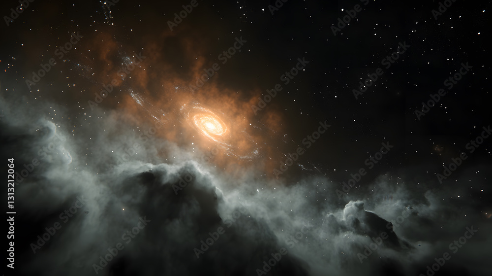 Poster a breathtaking view of a spiral galaxy nestled within a cosmic cloud of gas and dust. stars twinkle 