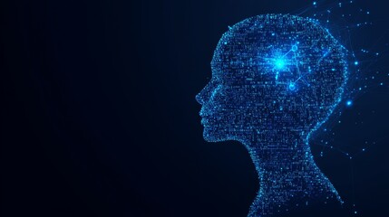 Obraz premium A digital human head formed by binary code with a glowing network connection in the brain area, symbolizing artificial intelligence and data networks.. AI Generation