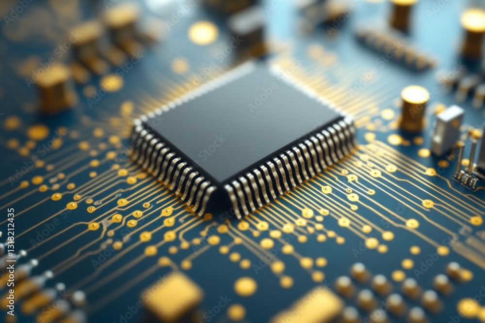 Poster high-resolution image of a microchip with gold pins, 8k resolution
