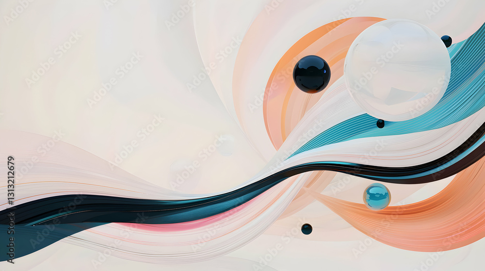 Poster abstract artistic design featuring flowing lines and spheres floating