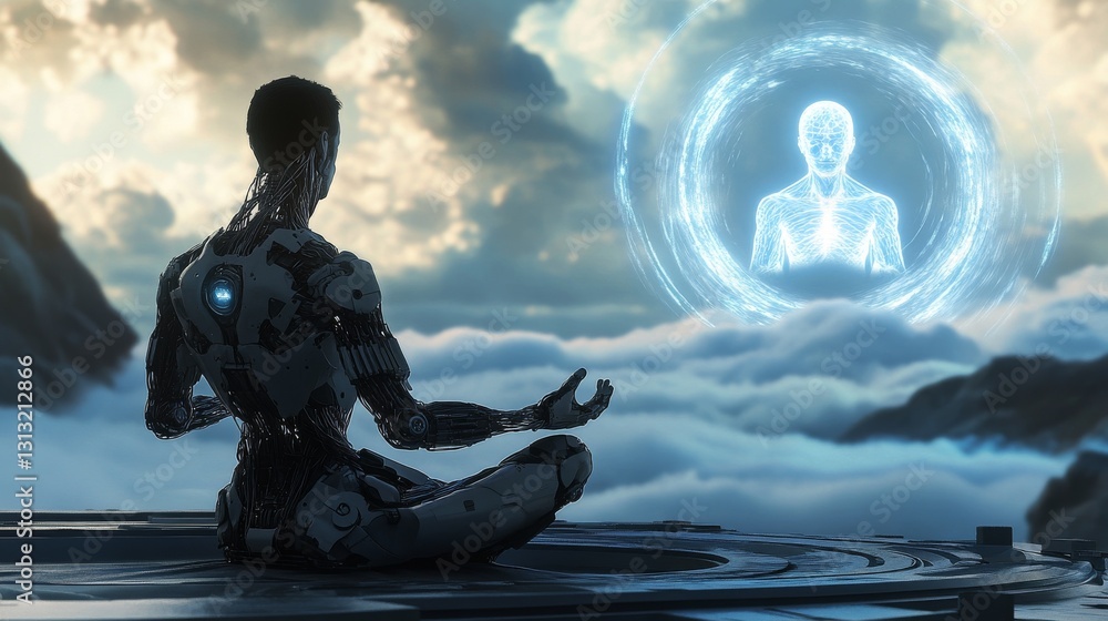 Poster a serene scene of a robot in meditation, gazing at a radiant human hologram in the sky. exploring co