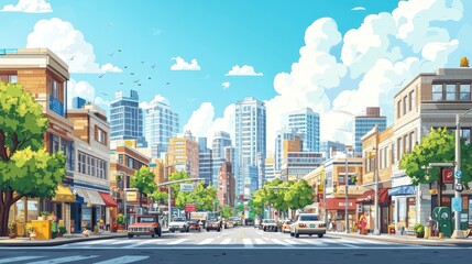 Fototapeta premium A vibrant cartoon depiction of a bustling city street scene