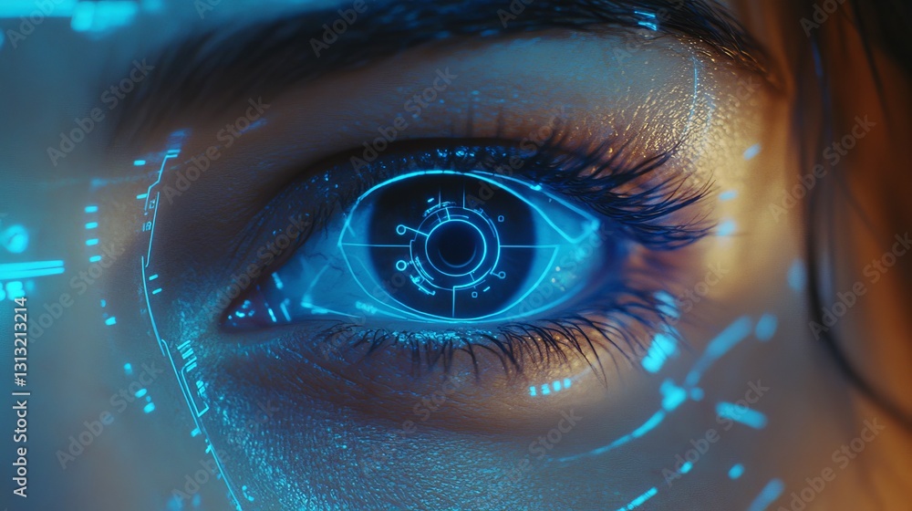 Poster a futuristic close-up of a glowing blue eye enhanced with intricate holographic graphics and digital