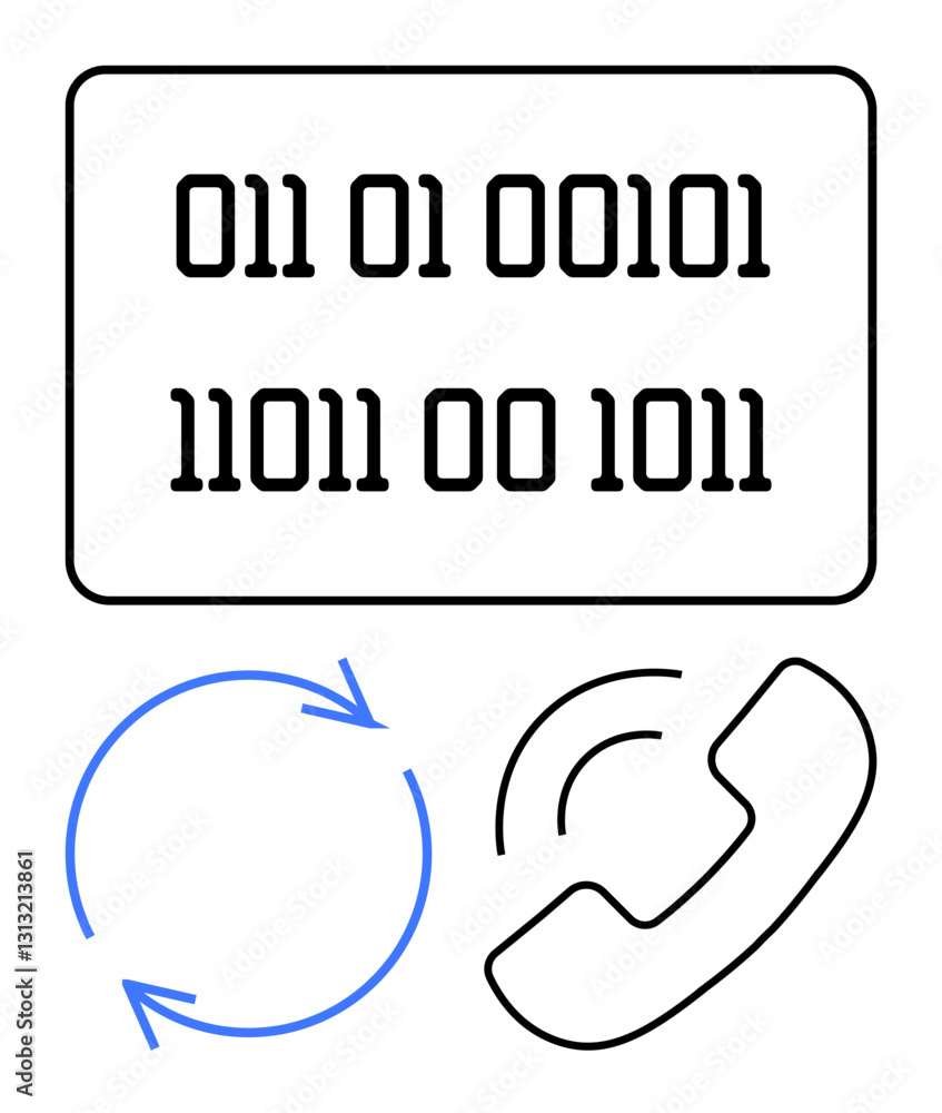 Poster binary code inside a rectangle, circular arrows for process or refresh, phone icon for communication