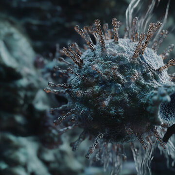 A hyper-realistic virus structure 3D render, with spiky protein details