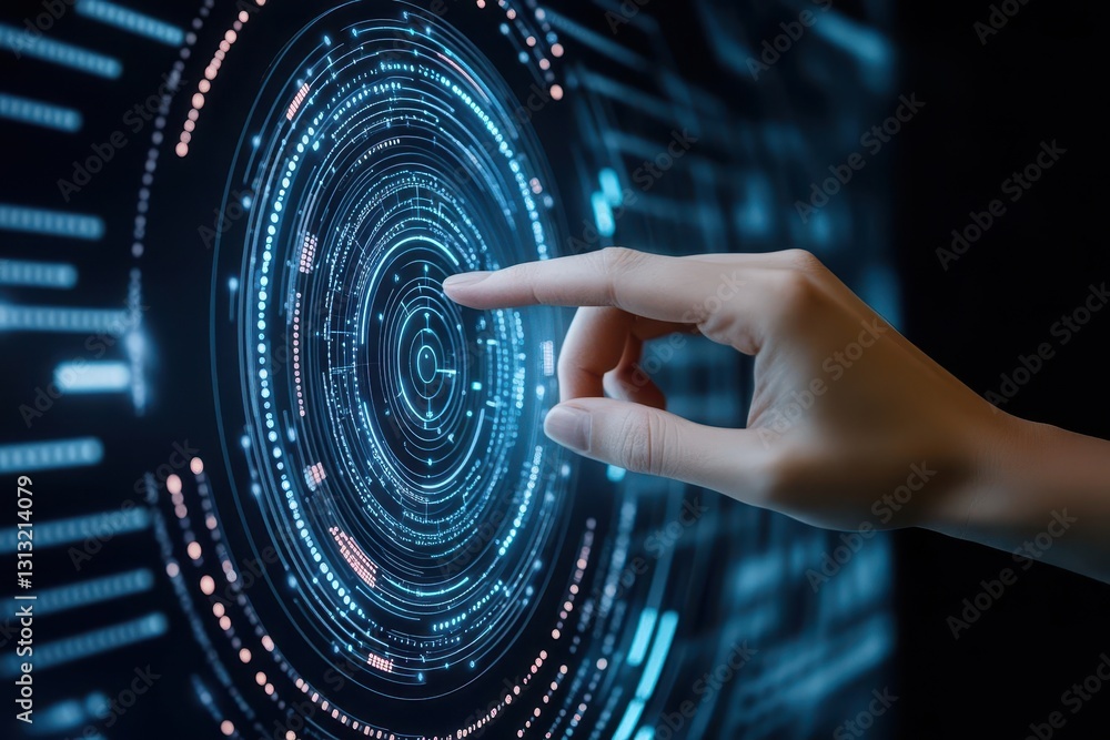 Poster A finger gently touching an interactive digital interface display with colorful graphics and futuristic elements