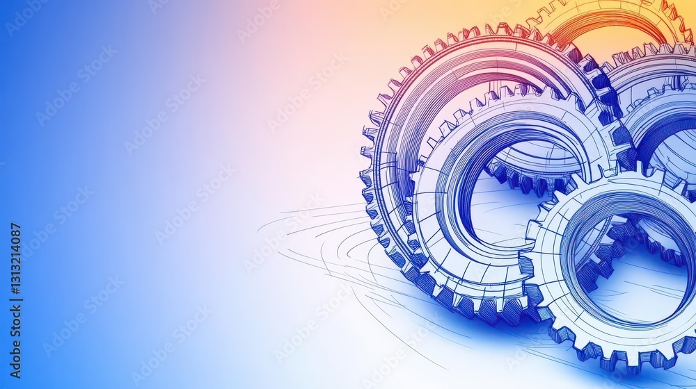 Poster intricate gears on a blue background symbolizing mechanism and engineering with a focus on precision