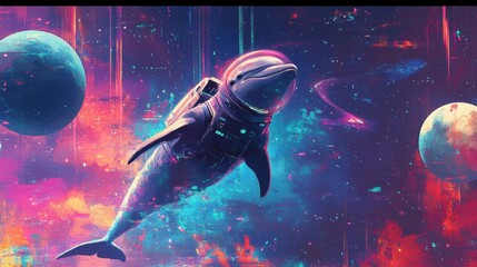 Naklejka premium A Dolphin Astronaut Explores Outer Space Near Colorful Planets