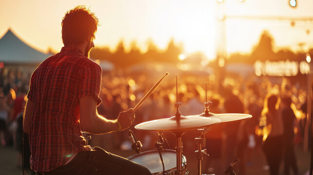 A rock drummer performing at an outdoor festival