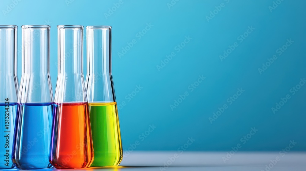Poster a row of laboratory test tubes filled with vibrant colored liquids in a scientific research environm