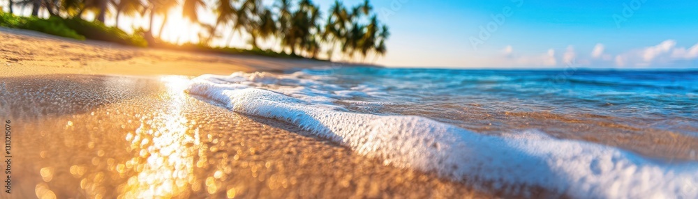Poster A beautiful beach scene with palm trees in the background and soft waves gently lapping at the shoreline