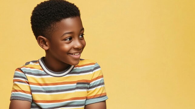 A smiling young boy wearing a striped shirt on yellow background