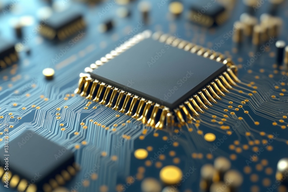 Poster high-resolution image of a microchip with gold pins, 8k resolution
