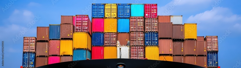 Poster Impressive container ship docked at the port with stacked cargo containers ready for loading and unloading operations