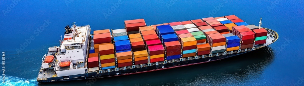 Poster Large container ship navigating through open waters with cargo containers stacked high against a bright horizon