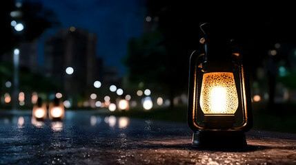 Illuminated lantern sits on a wet surface during the night