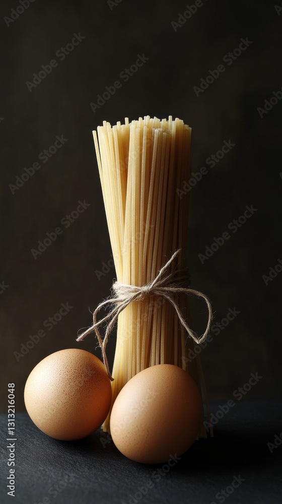 Poster a vertical bundle of raw spaghetti tied with rustic twine, accompanied by two eggs on a textured dar