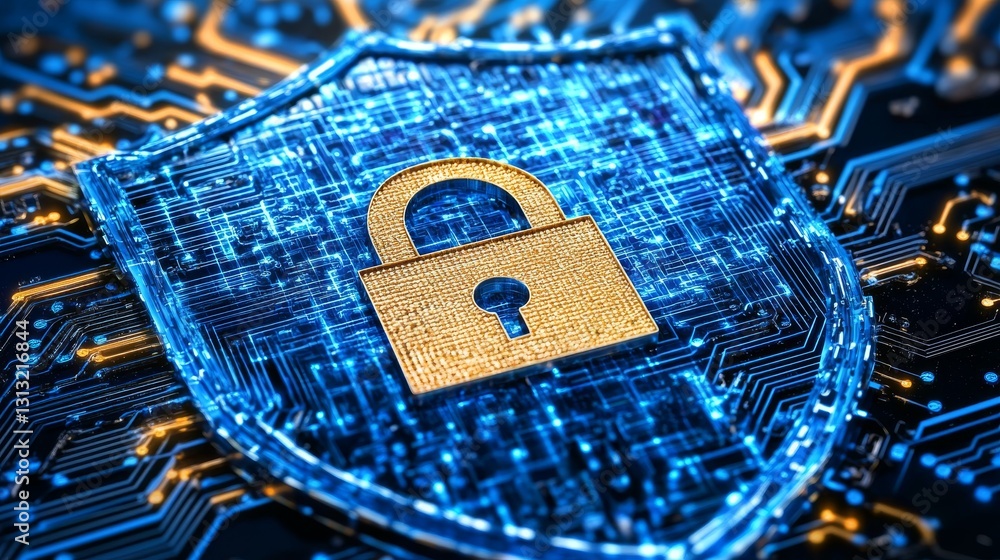 Poster a glowing golden lock centered on a digital shield, surrounded by circuitry, symbolizing cybersecuri
