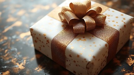 White Gift Box with Gold Ribbon and Stars on Dark Marble