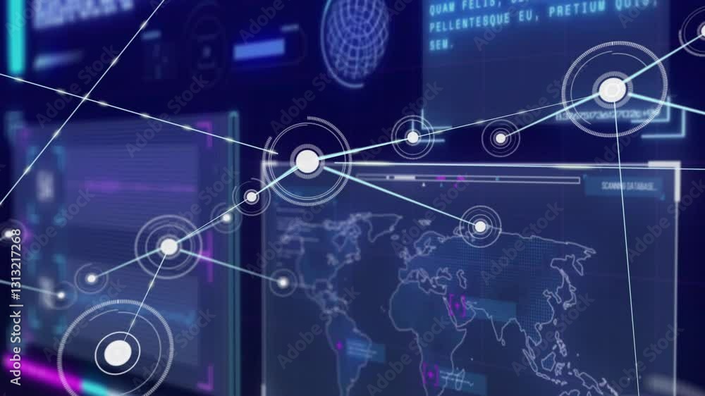 Poster network of connections and data processing animation over world map interface