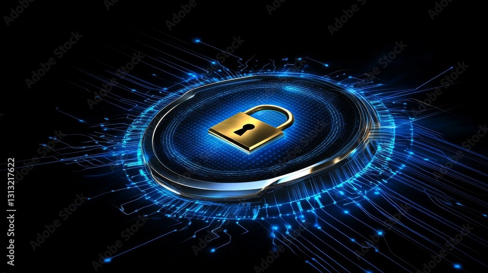 Poster a detailed digital representation of a golden lock within a glowing blue circular shield surrounded 