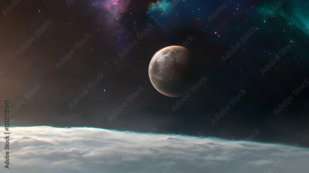 Poster an alien planet floats in deep space with beautiful celestial structures