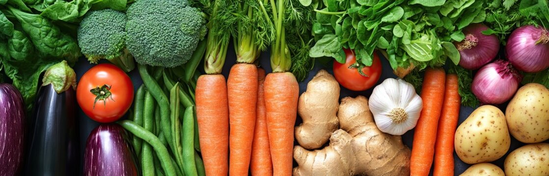Top view of fresh organic vegetables and fruits including carrots, tomatoes, and purple bell peppers on vibrant background, ideal for health blogs, vegan cookbooks, and supermarket advertisements.