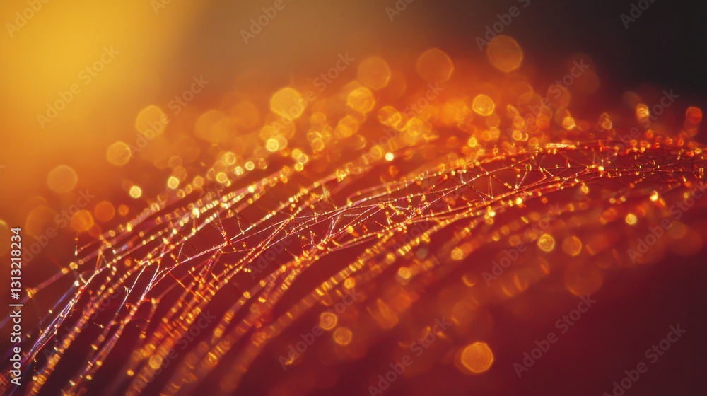 Poster abstract glowing lines with glittering bokeh effect in orange glow