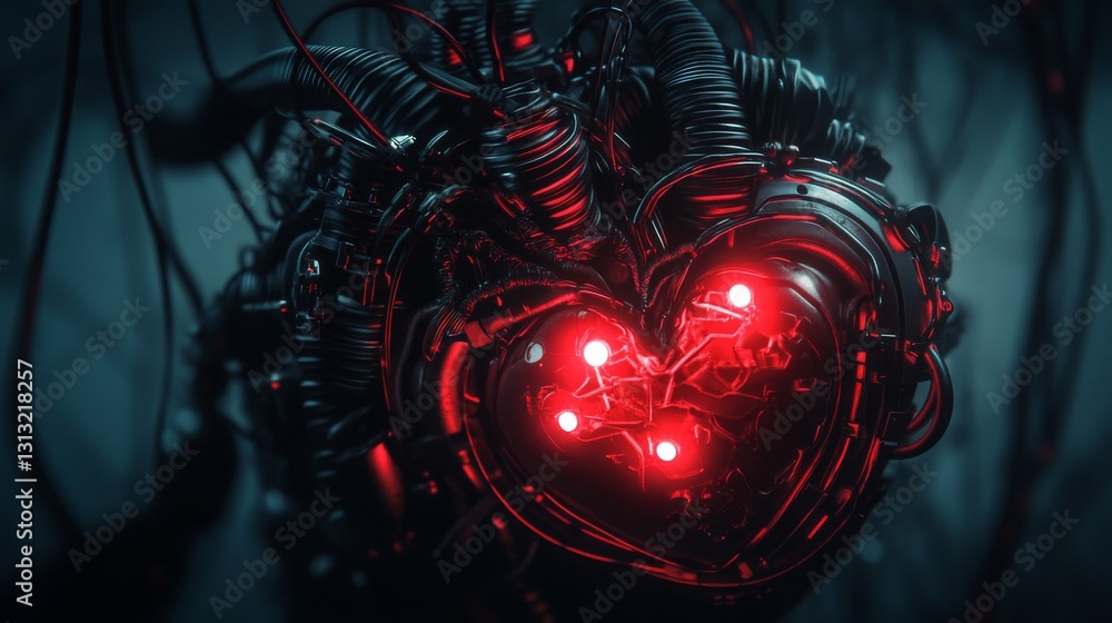 Poster a high-tech glowing red mechanical heart with wires and circuits, evoking themes of artificial intel