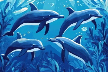Fototapeta premium Four playful dolphins swimming gracefully in the cool blue ocean