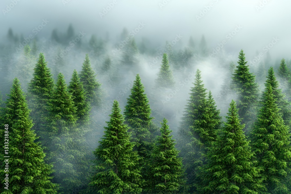 Poster Lush green forest scene with tall trees and sunlight filtering through leaves creating a serene natural environment