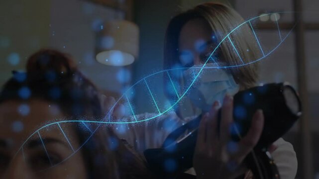 DNA strand animation over hairdresser styling client's hair in salon