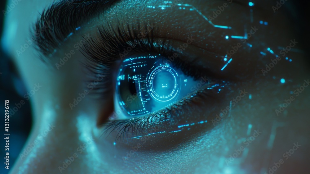 Poster a close-up of a human eye with glowing holographic details and a technological interface, symbolizin