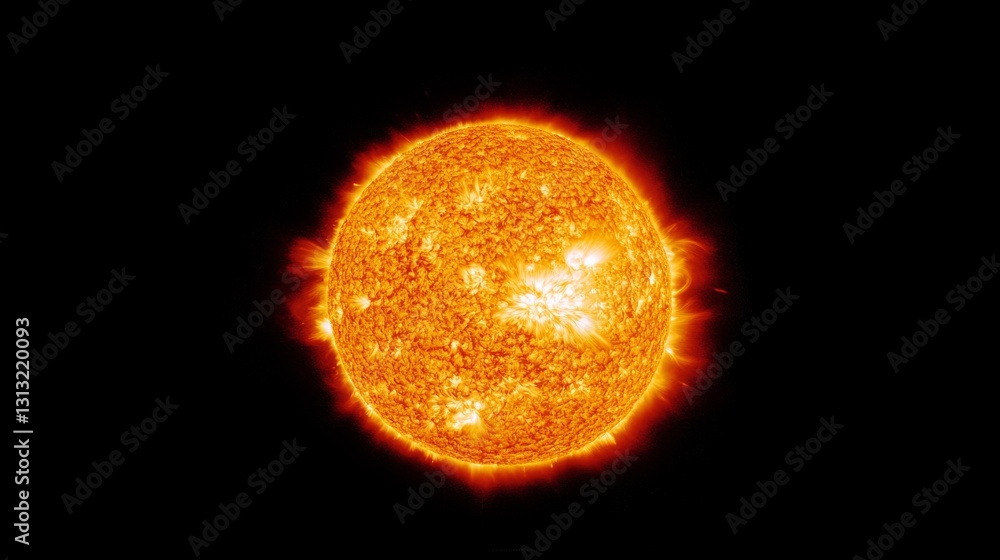 Poster stunning image of the sun's active surface featuring dynamic eruptions and fiery textures, surrounde