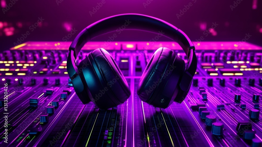 Poster sleek black headphones resting on a vibrant neon-illuminated audio mixing console, creating a dynami