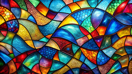Stained Glass Mosaic: A vibrant and intricate stained glass window, featuring a stunning mosaic of colorful shapes and patterns, creates a mesmerizing display of light and art. 