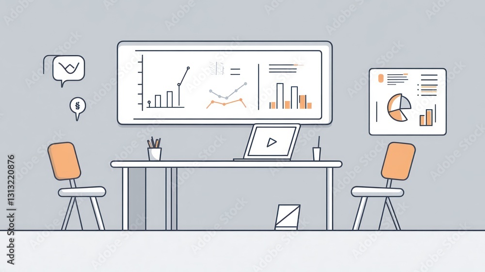 Poster modern office workspace with data visualization