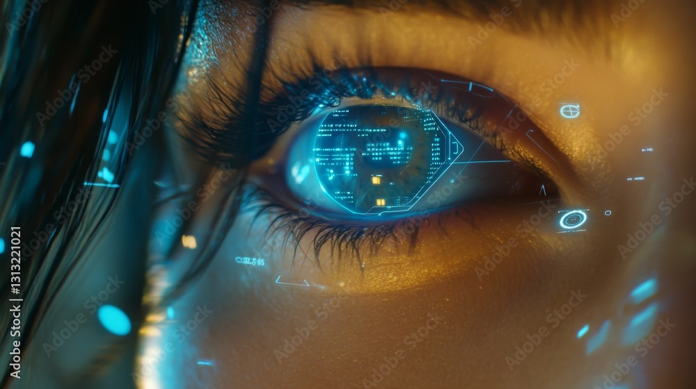 Poster close-up view of a human eye enhanced by glowing holographic interface displaying futuristic digital