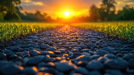Obraz premium Serene sunset over a gravel pathway leading through lush green fields and trees