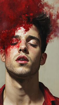 Portrait of a young man with an artistic red splatter effect conveying emotion and intensity in a unique setting