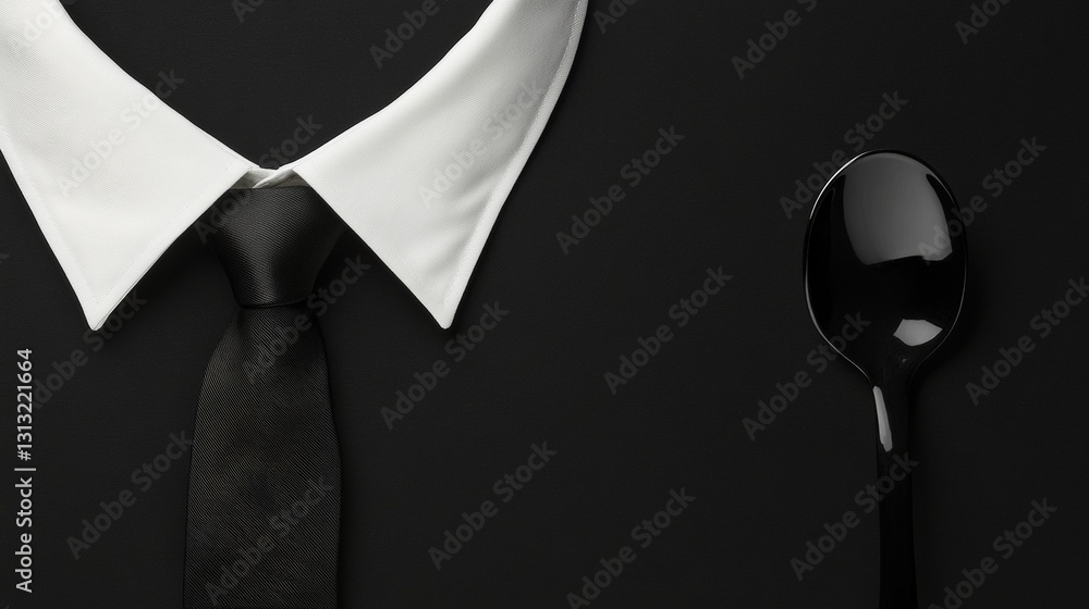 Poster black spoon and formal white shirt collar arranged on a dark background, emphasizing elegance and cr