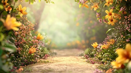 Naklejka premium Sunlit Path Through a Lush Garden with Yellow and Pink Flowers