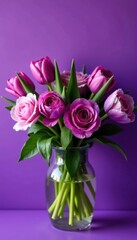 Fototapeta premium Luxurious purple tulips & roses bouquet on vibrant purple backdrop, flower arrangement, flora, art