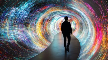 A silhouette of a person walking through a vibrant tunnel illuminated by swirling digital lights in vivid colors, creating a futuristic and immersive atmosphere.. AI Generation