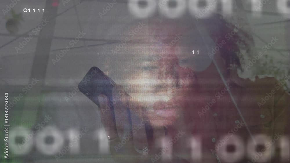 Poster holding smartphone in school, person viewing animation with binary code overlay